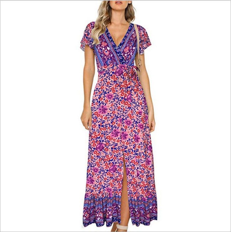 Casual vacation 8 printed dresses. Pin women's clothing lace-up big pendulum showing thin short sleeves
