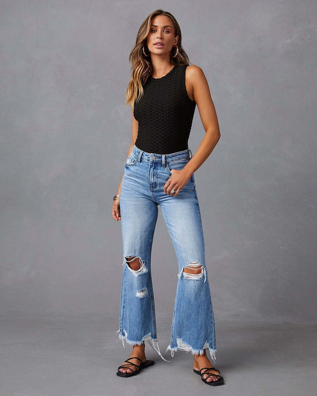 Ripped Tassel Washed Wide Leg Women Jeans
