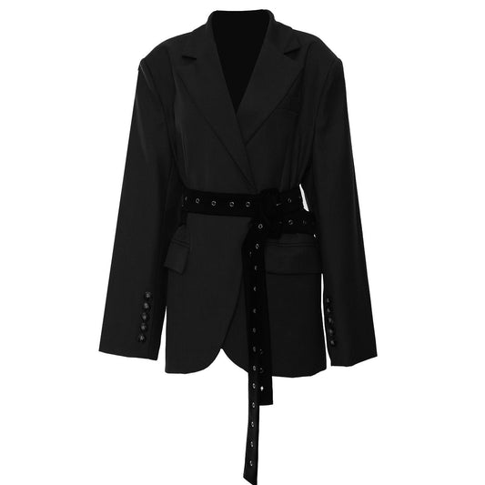Autumn Winter Double Belt Deconstruction Blazer Tops Women