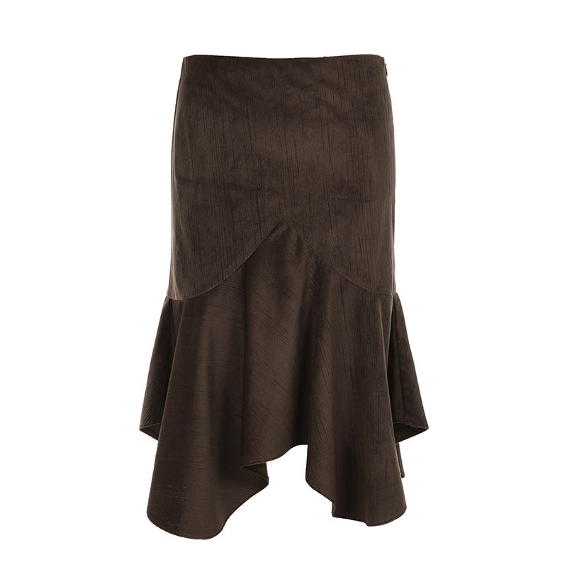 Mid Length with Irregular Asymmetric Draping Design Women Autumn Winter Retro Brown Bandage Skirt