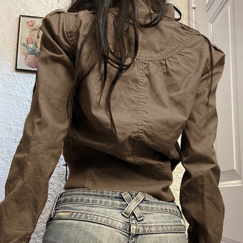 Early Autumn Workwear Waist Tight Jacket Vintage Brown Zipper Turtleneck Slimming Casual Fashionable Jacket