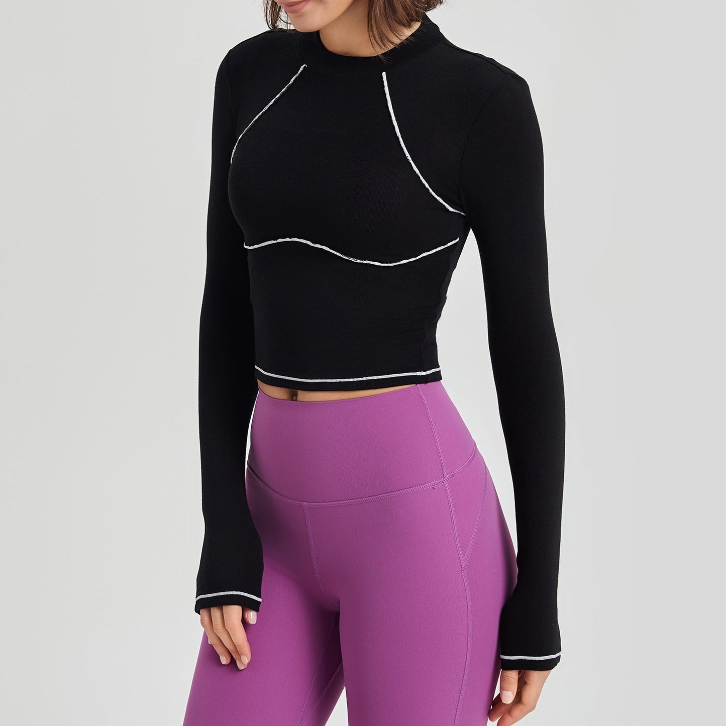 Autumn Winter Workout Clothes Women Long Sleeved Mousse Tight Training Sports Top Women Contrast Color Running Yoga Clothes