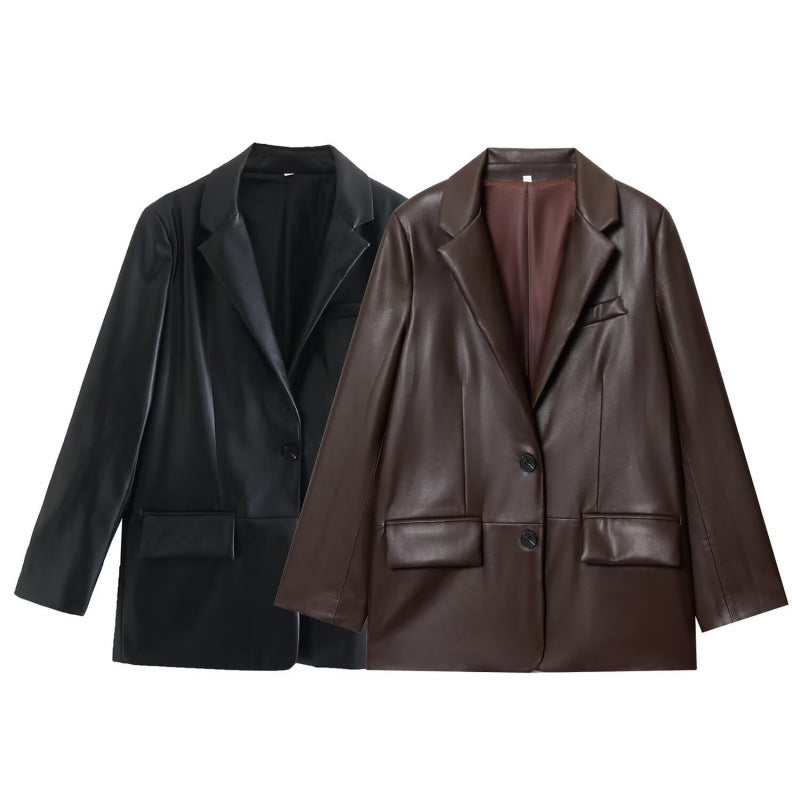 Women Lapel Leather Blazer