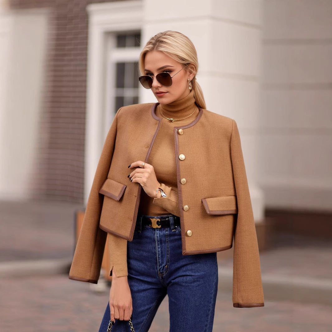 Autumn Winter Women Coat Classic round Neck Metal Button Design Short Coat
