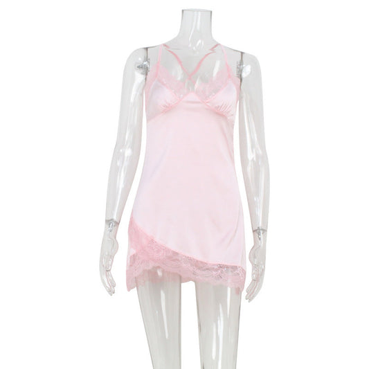Summer V neck Lace Edge Dress Satin Skin Friendly Sexy Pink Sling Pajamas