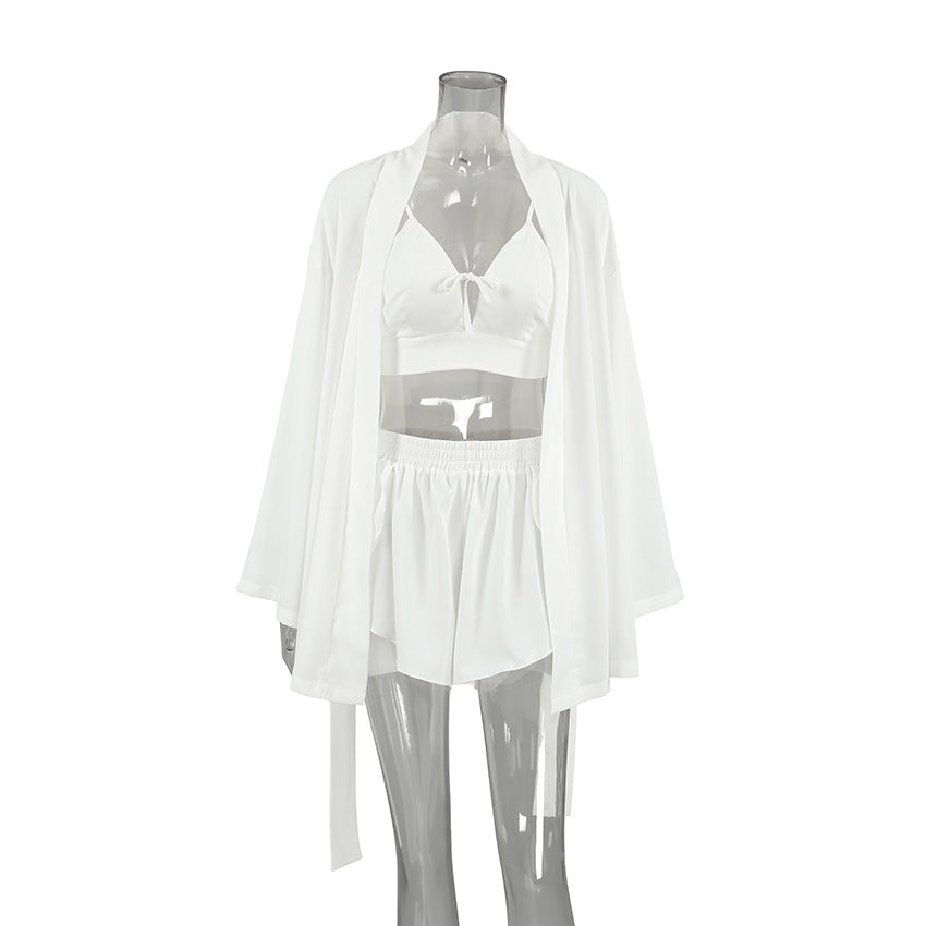 Summer Chiffon Long Sleeved Sexy Underwear Slit Shorts Three Piece Pajamas Cool Feeling Home Wear