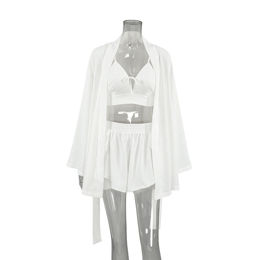 Summer Chiffon Long Sleeved Sexy Underwear Slit Shorts Three Piece Pajamas Cool Feeling Home Wear