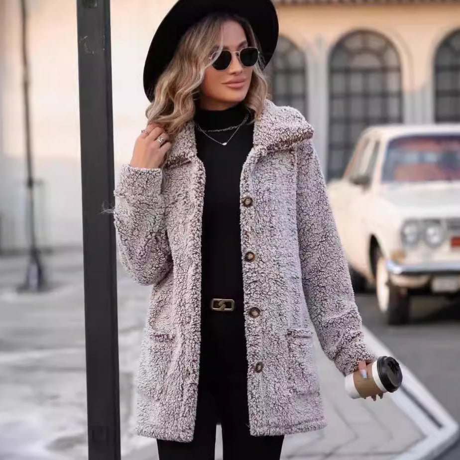 Autumn Winter Women Clothing Casual Loose Lapels Single Breasted Mid Length Cardigan Coat