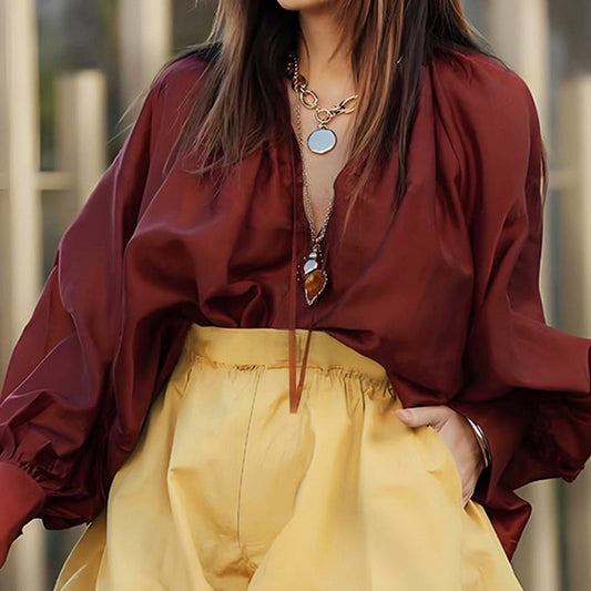 Autumn Ladies Loose Solid Color V neck Long Sleeve Casual Top