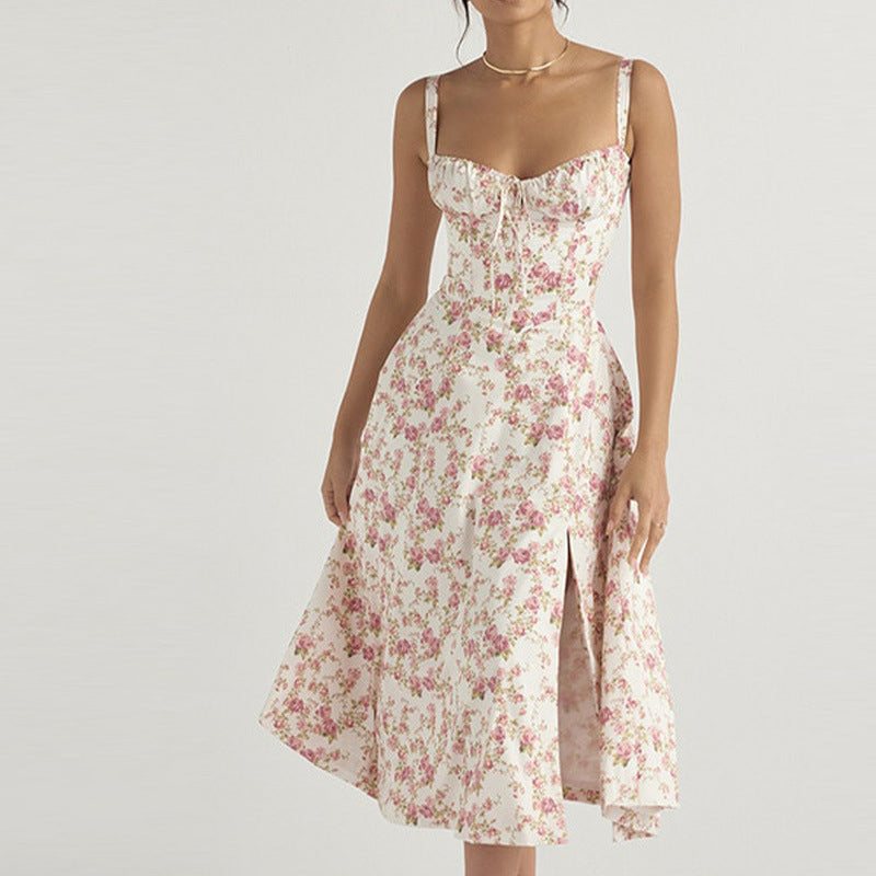 Floral Square Neck Sexy Split Swing Spring Dress Off Shoulder Flower Print Sexy Dress