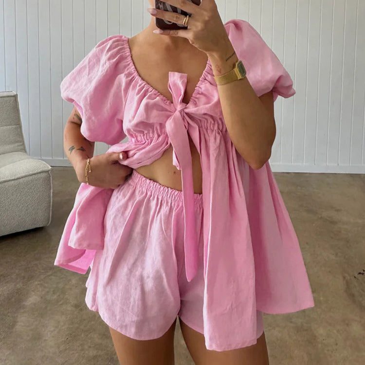 Casual Women Summer V neck Puff Sleeve Lace up Top Loose Shorts Two Piece Sets