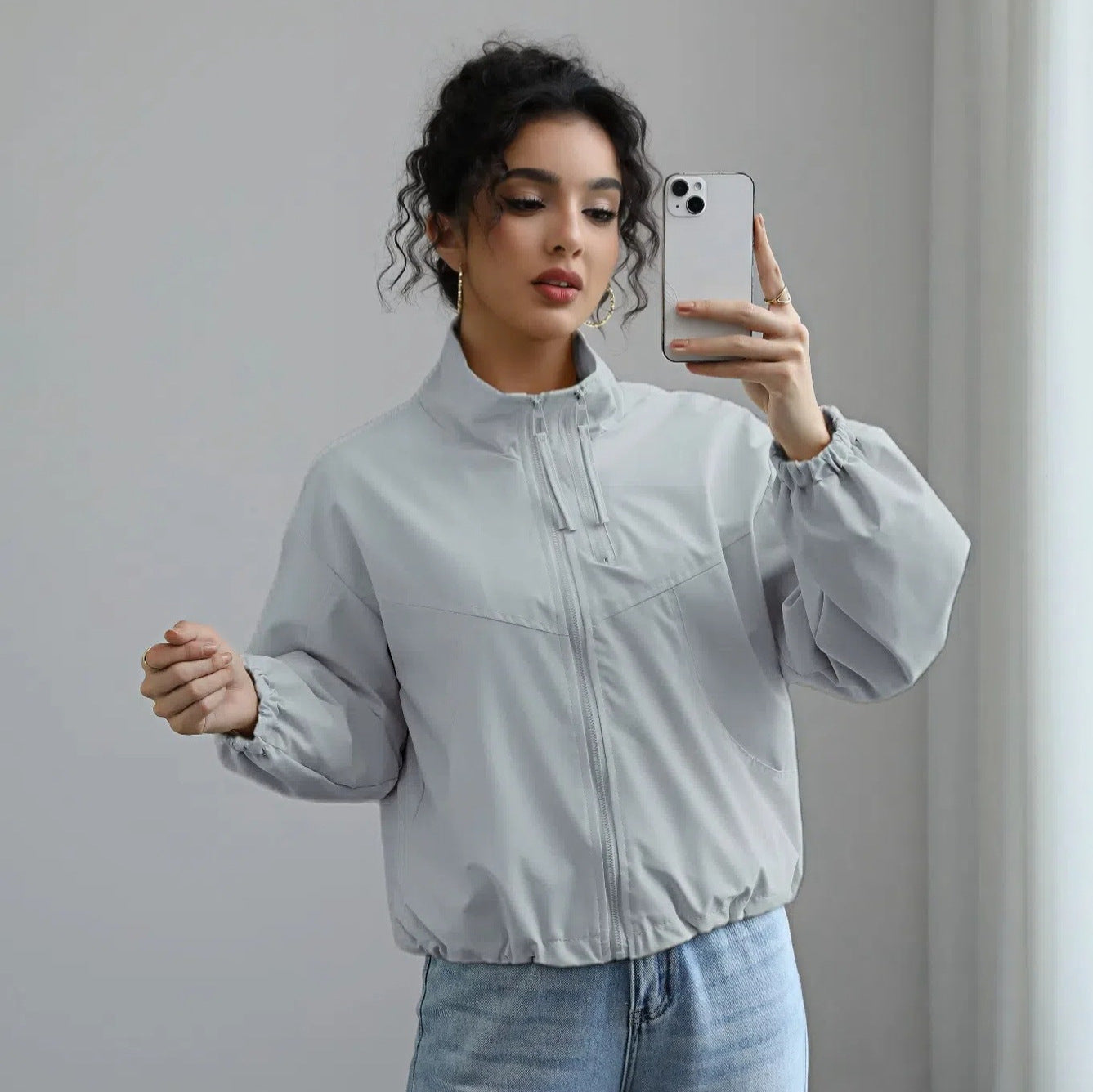 Fall Women Clothing Waterproof Jacket Short Stand Collar Thin Coat