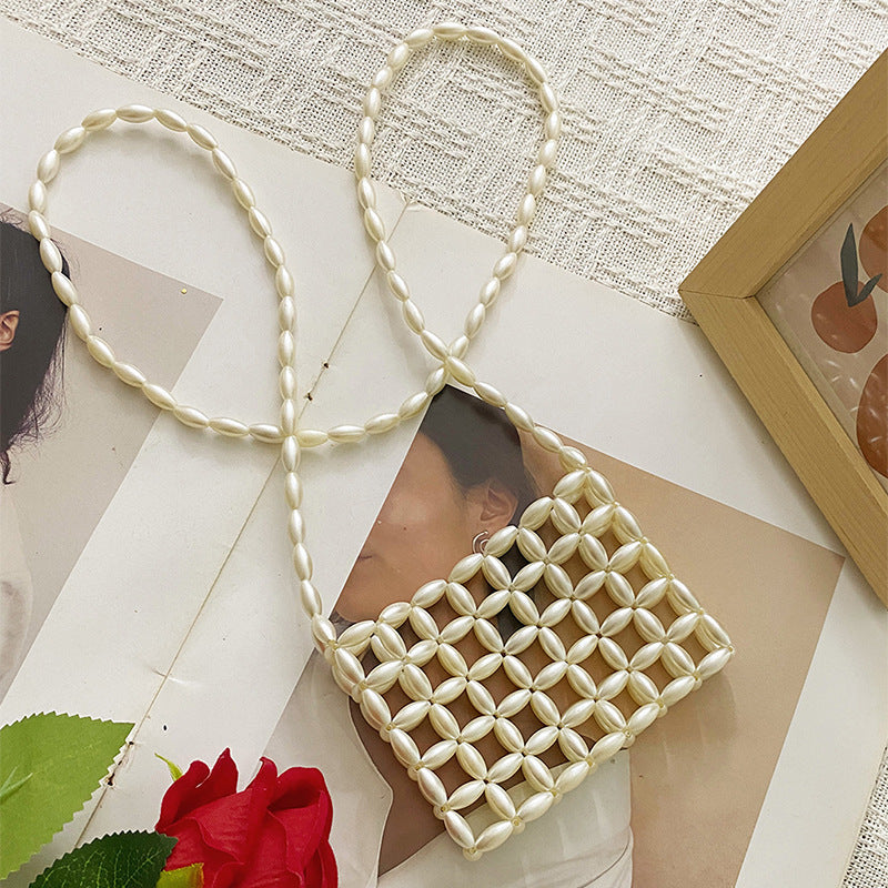 Handmade Beaded Weave Imitation Pearl Hollow Out Cutout Design Portable All Match Casual Messenger Phone Bag Lipstick Pack