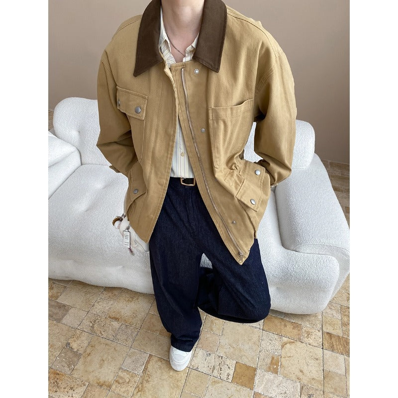 Autumn Day Barne Color Contrast Patchwork Collared Waist Tight Slimming Work Clothes Pocket Jacket Coat