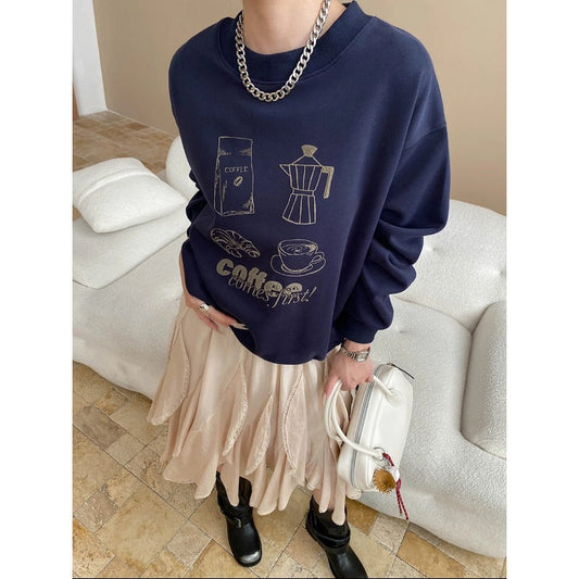 Atmosphere Fun Coffee Bread Printing round Neck Loose Pullover Sweater