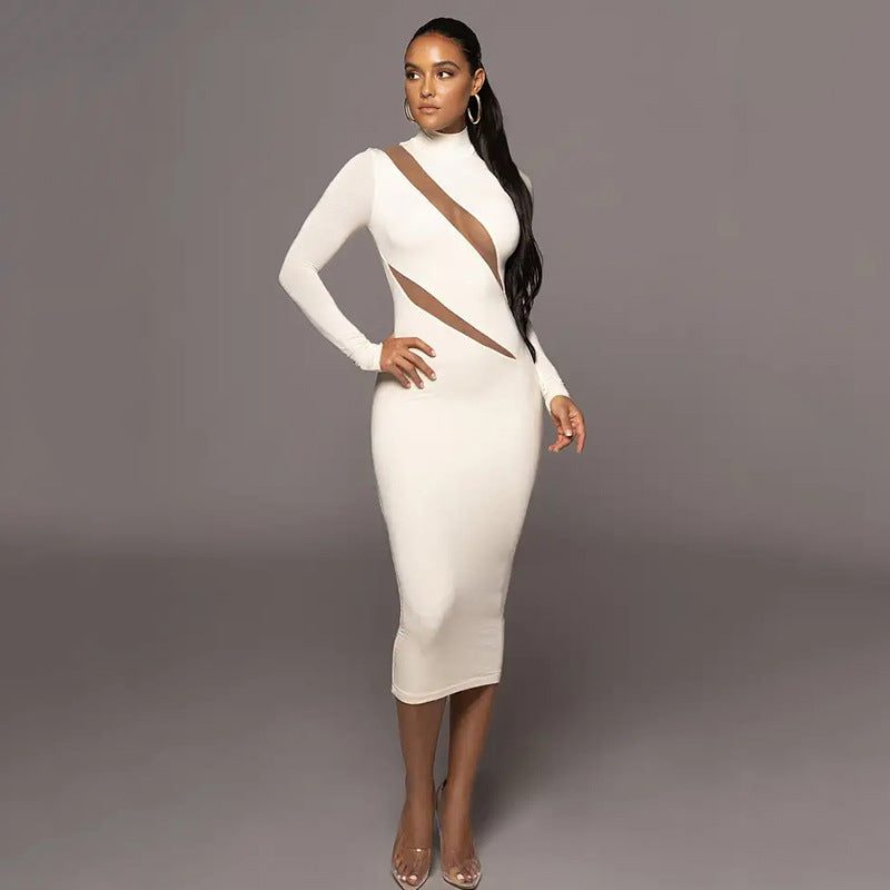 Spring round Neck Long Sleeve Stitching Dress Women Sexy Dress