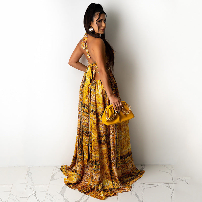 Women Clothing Sleeveless Printed Halter Dress Split Dress