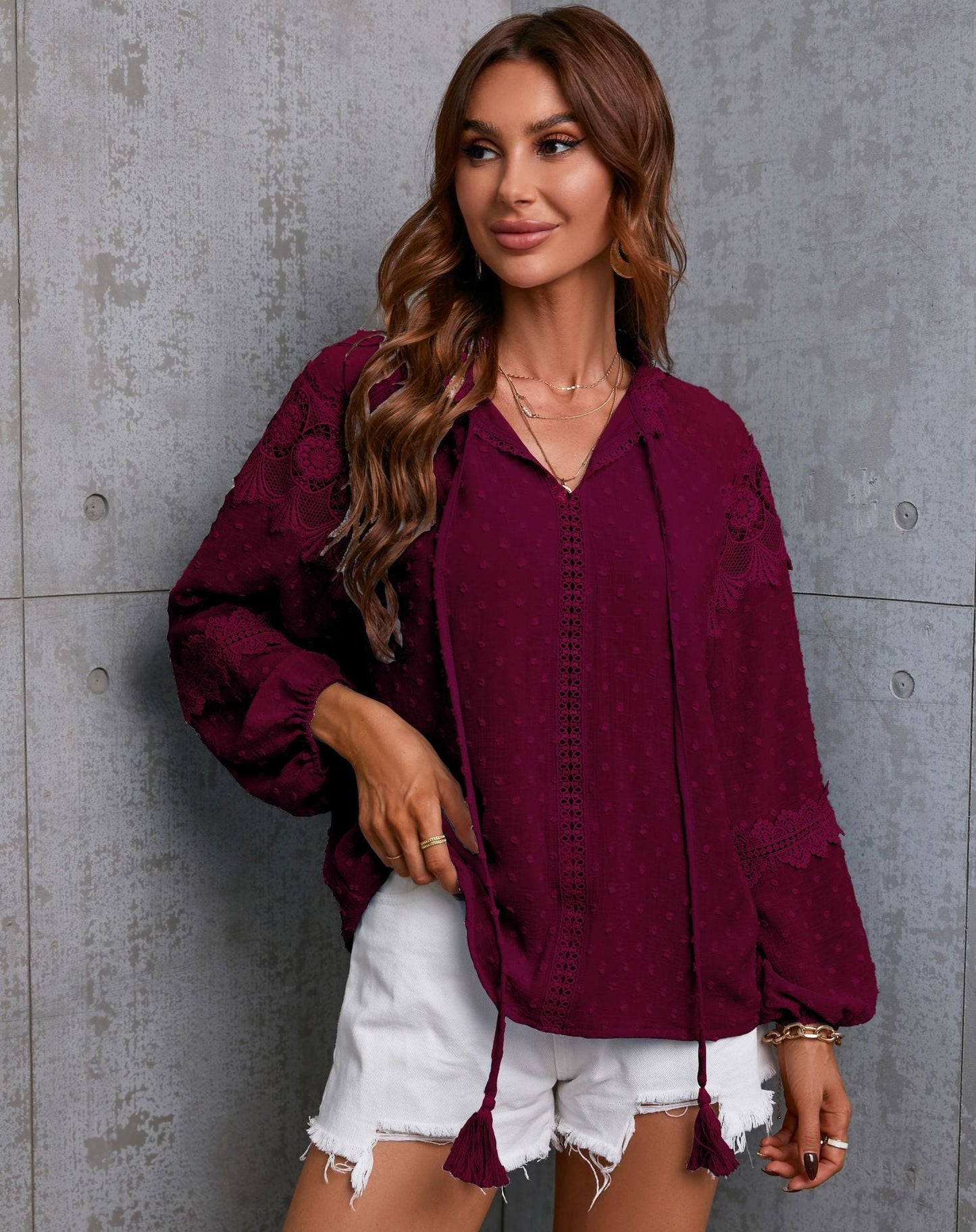 Fall Half-Open Collar Lantern Sleeve Polka Dot Chiffon Stitching Lace Shirt Loose Casual Women Clothing