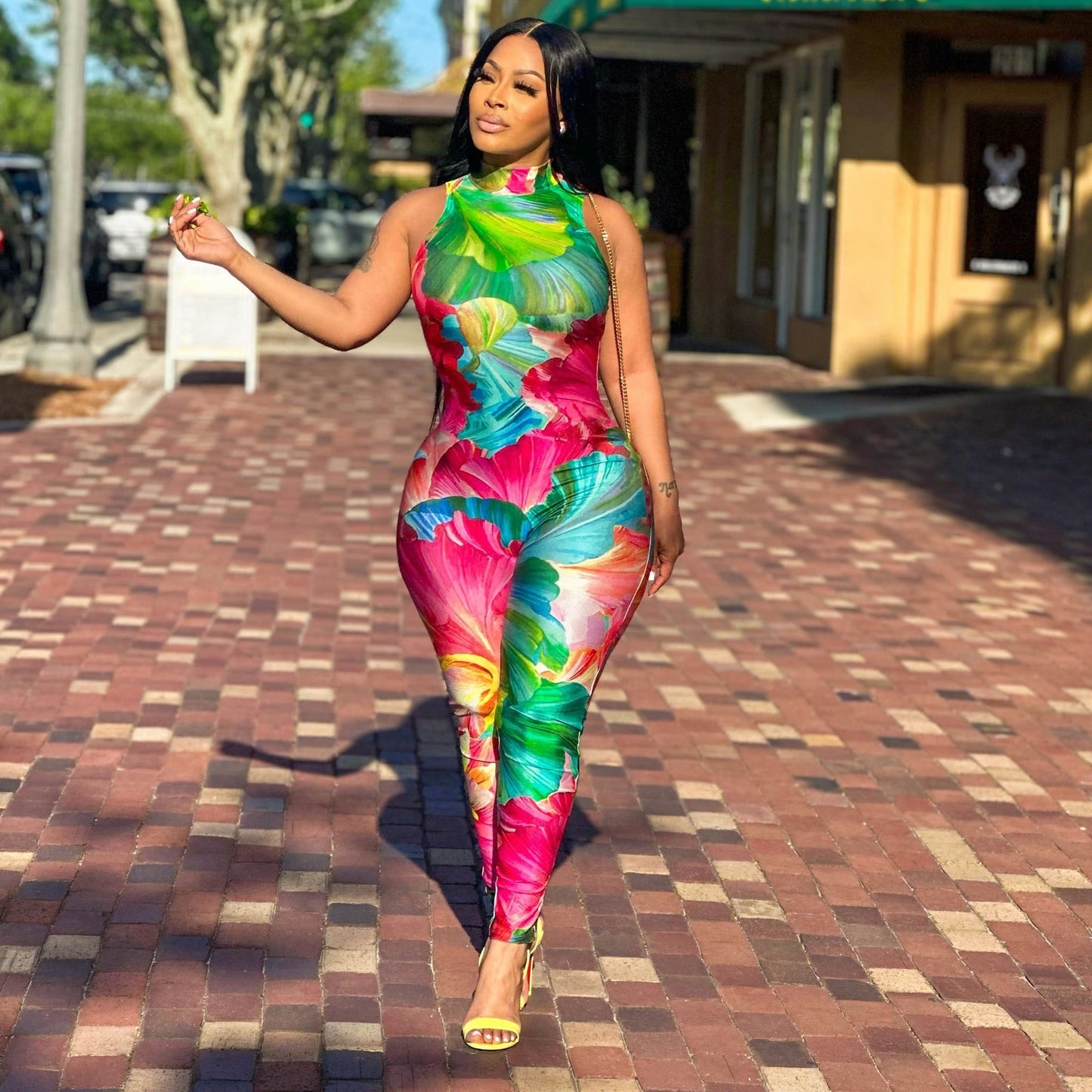 Printed Stretch Slim Sleeveless Tight Jumpsuit