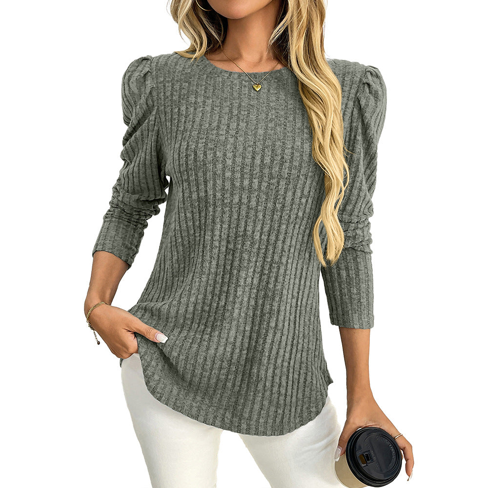 Arrival Women round Neck Puff Sleeve Brushed Sunken Stripe Solid Color Upper Clothes Long Sleeves T shirt