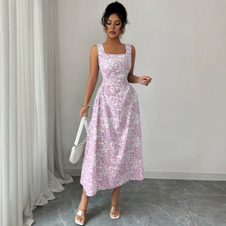 Printed Square Collar Dress Summer Slim Fit Slimming Floral Dress Women Wear