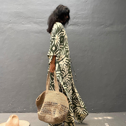 Rayon Drawstring Vacation Beach Dress Women Sunscreen Loose Robe Bikini Cover