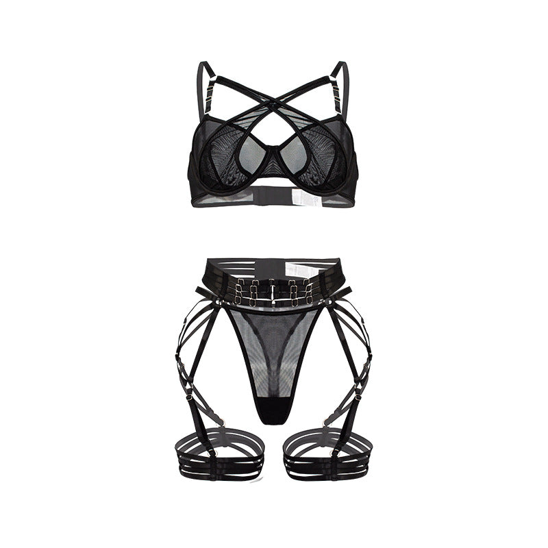 Women Sexy Underwear Push up Bras Mesh See through Sexy Lace up Metal Buckle Three Piece Set