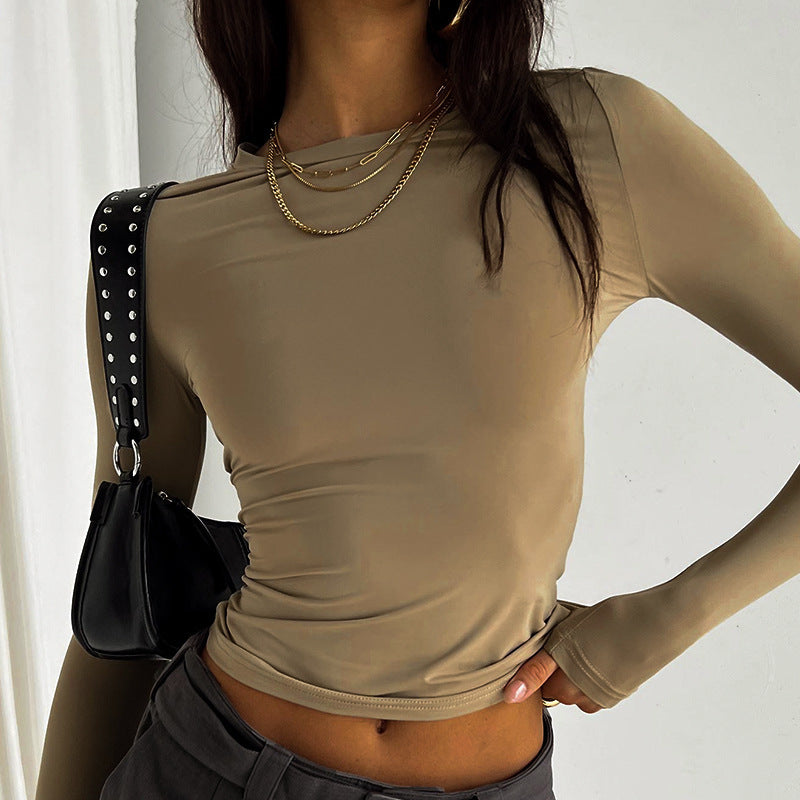 Spring Summer Women round Neck Fashionable Fitted Long Sleeve Solid Color T shirt for Women
