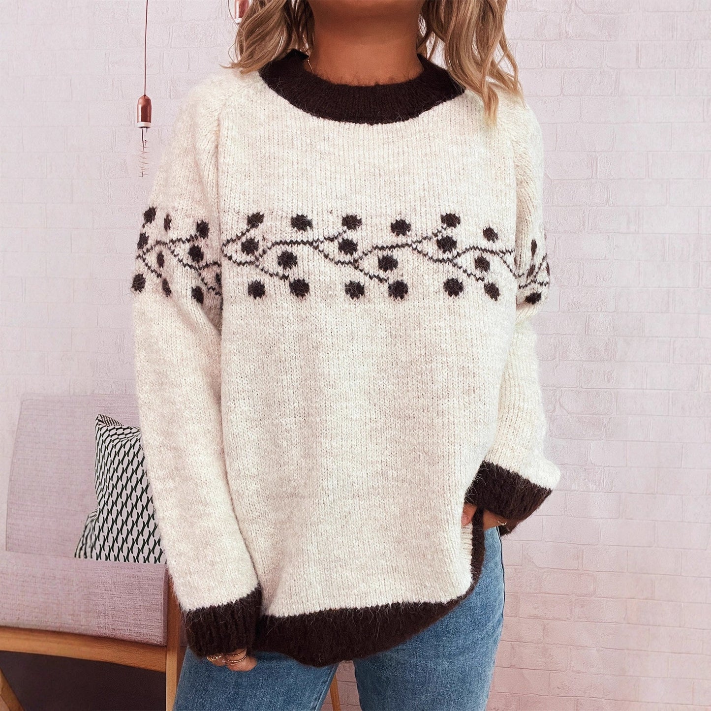 Autumn Winter Polka Dot Branch Jacquard Sweater Office Casual Sweater Pullover Women