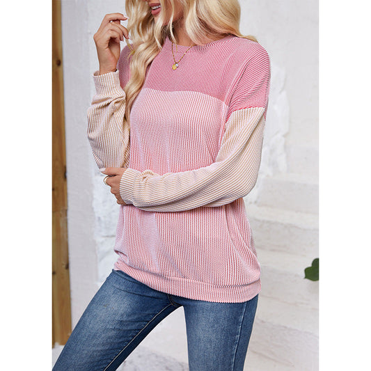 Autumn Winter Casual Striped Multi Color Mosaic Sweatshirt for Women