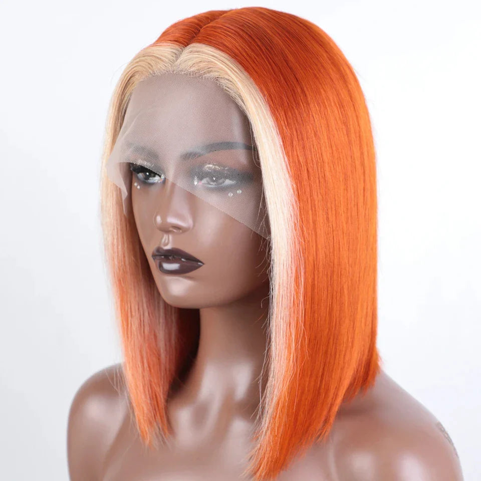 Ombre Orange Blonde Bob Wig | Straight Human Hair Lace Front