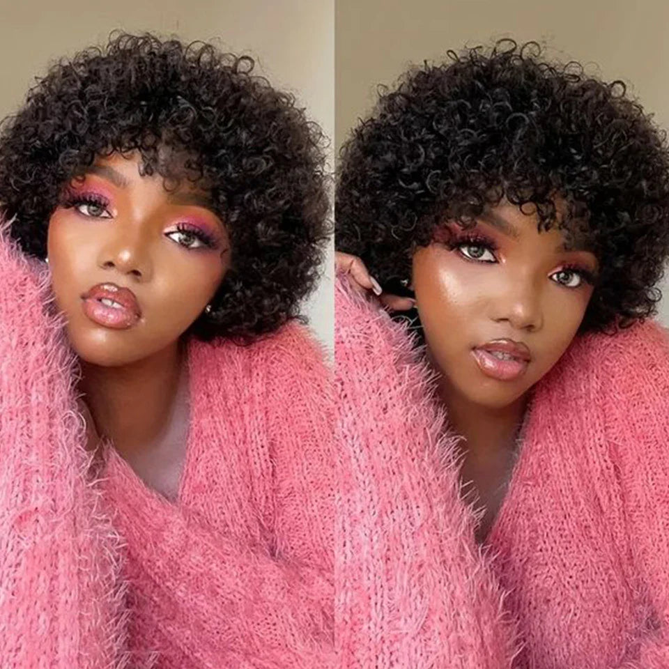 Sleek Short Pixie Afro Kinky Curly Wig with Bangs | Glueless Malaysian Human Hair Bob