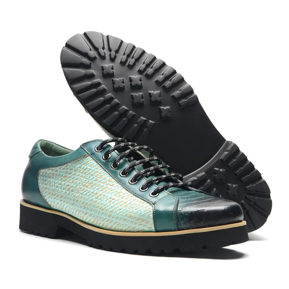 British Style Designer Men's Genuine Leather Derby Shoes | Duotone Hand-Painted Plaid Casual Sneakers (Height Increasing)