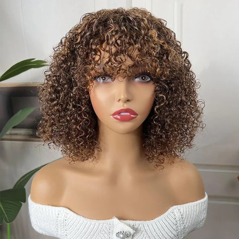 Brazilian Jerry Curly Human Hair Bob Wig with Bangs | Natural Highlight Honey Water Wave Kinky Curly Wigs for Women