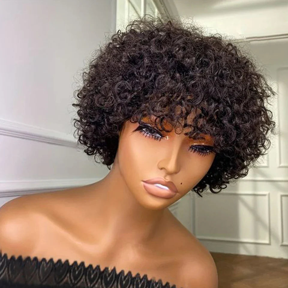 Sleek Malaysian Afro Kinky Curly Pixie Bob Wig | Glueless Natural Brown 99J with Bangs