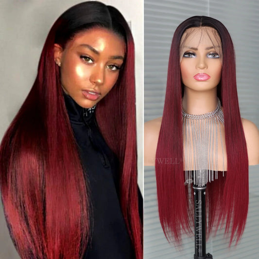 13x4 Burgundy Straight Lace Front Wig | Heat Resistant Synthetic Hair | Pre-Plucked | Natural Hairline