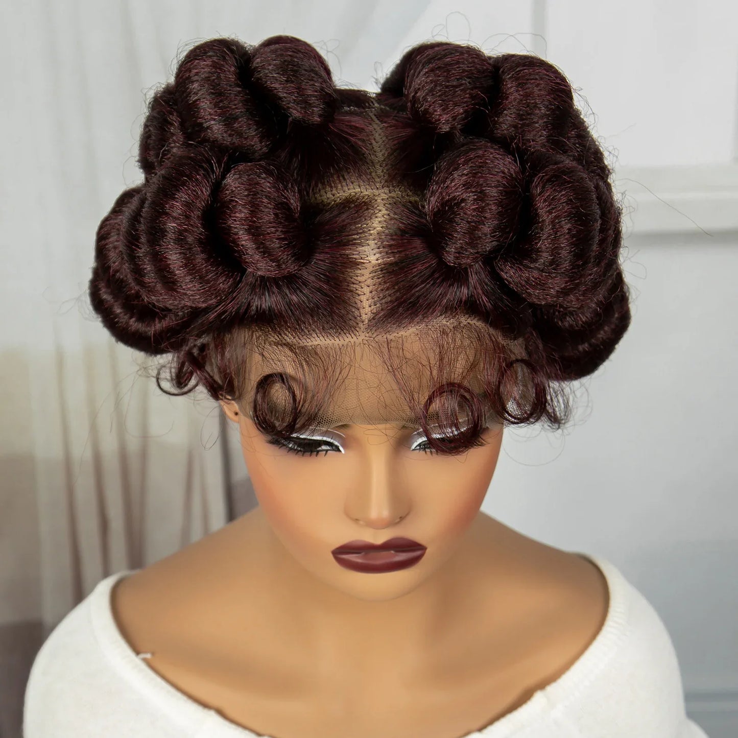 Short Cute Burgundy Bantu Knotless Braids Wig | Full Lace Handmade