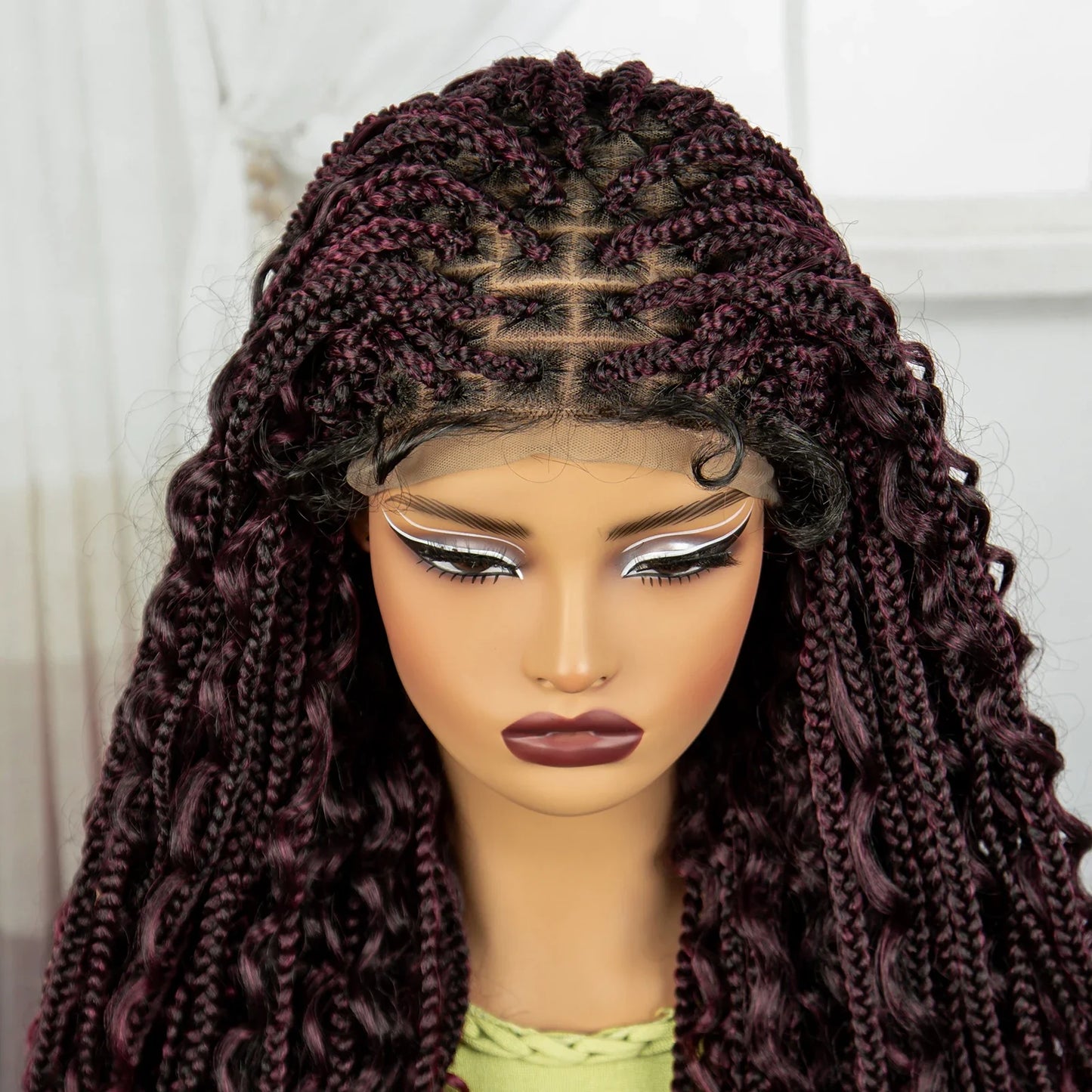 Burgundy Boho Knotless Braids Wig | Curly Ends | Lace Front | Baby Hair