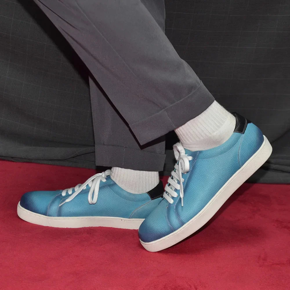 Luxury Designer Men's Genuine Leather Skateboard Shoes | Sky Blue Lace-Up Casual Sneakers (Breathable)
