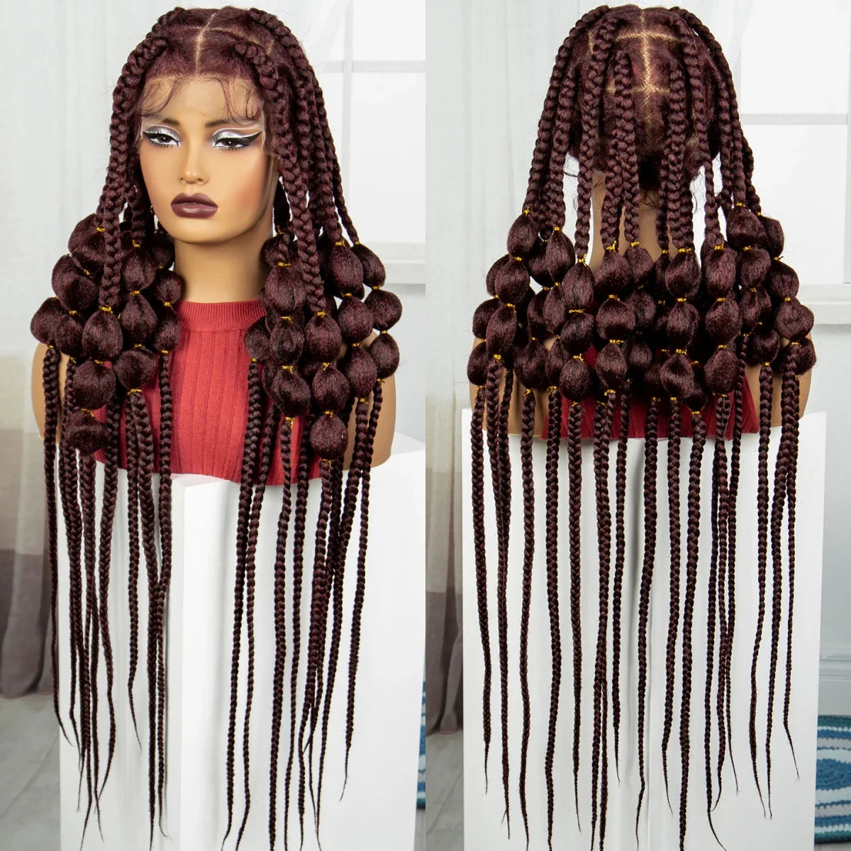 Natural 40 Inch Long Synthetic Full Lace Braided Wig | Handmade Knotless Bantu Braids Lace Wig with Baby Hair for Women
