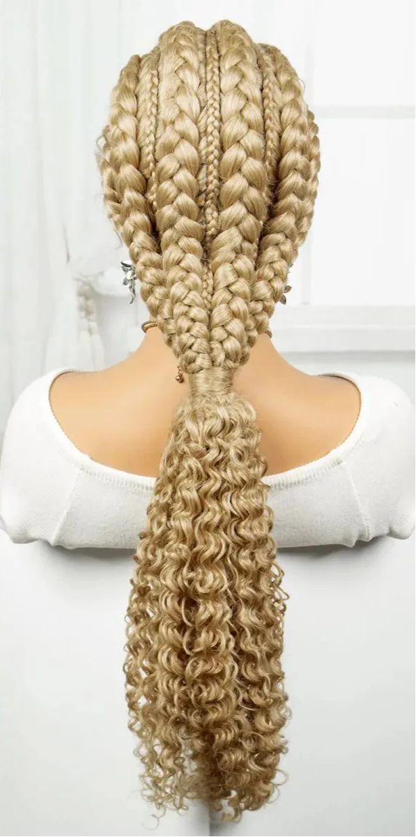 28" Burgundy Knotless Braids Wig with Curly Ends | Lace Front | Baby Hair