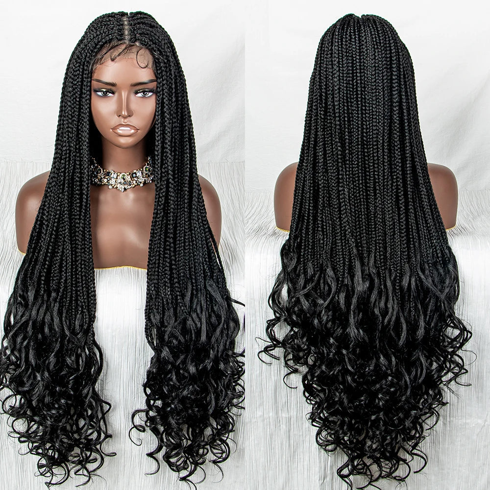 36" Blue Knotless Box Braids Lace Front Wig | Baby Hair | Crochet Braids | Black Women