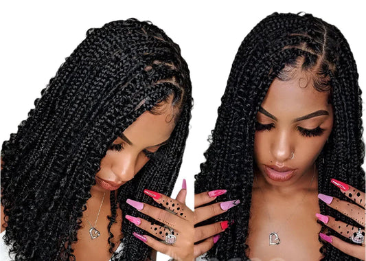 12" Bohemian Cornrow & Knotless Box Braids Bob Wig | Curly Goddess Ends | Full Lace Front