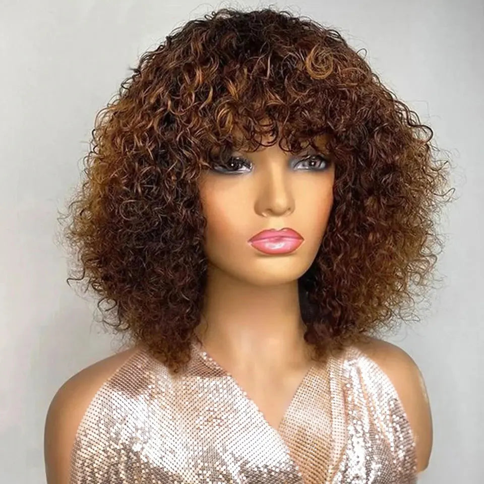 Jerry Curly Short Bob Human Hair Wig with Bangs | Glueless Highlight Honey Water Wave Blonde Wig for Women (Ready-to-Go)