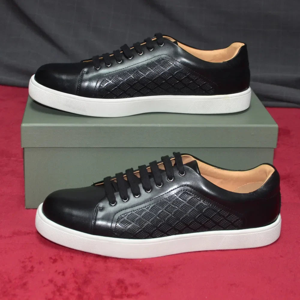 Luxury Designer Men's Genuine Leather Skateboard Sneakers | Classic Black, White & Brown Lace-Up Casual Oxfords