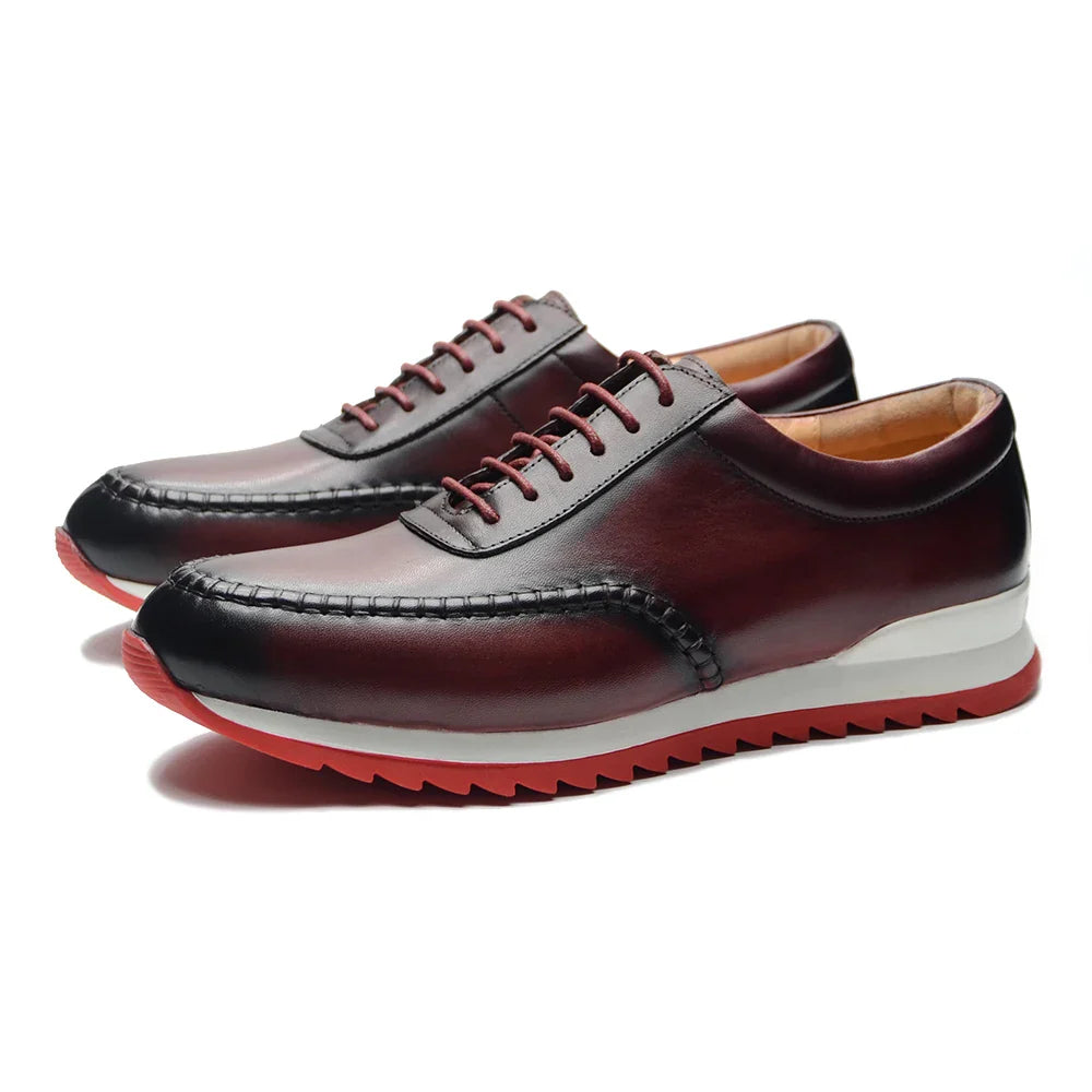 Classy Men's Genuine Leather Low Top Sneakers | Red Bottom Lace-Up Casual Dress Shoes (Breathable)