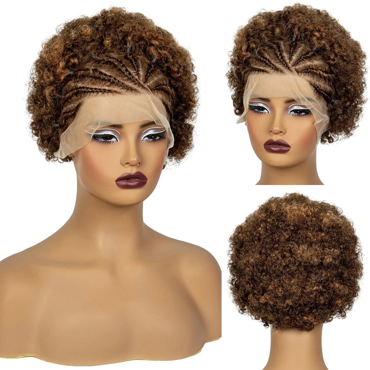 4-30 Color Synthetic Braided Wig | 13x4 Transparent Lace Front Short Afro Kinky Curly Knotless Braids