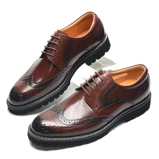 Handsome Men's Luxury Genuine Leather Sneakers | Wingtip Brogue Casual Oxfords (Height Increasing, Waterproof)