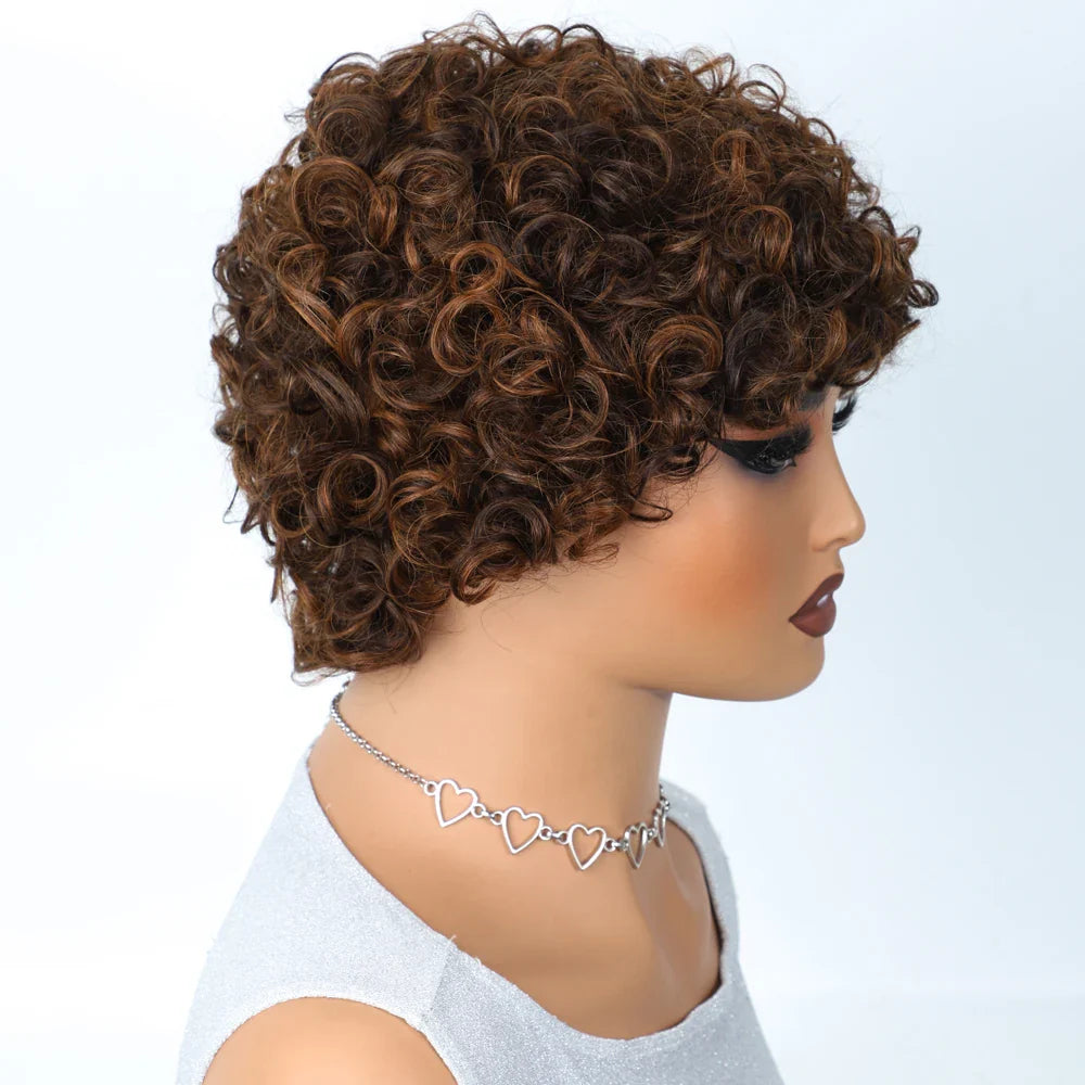 Sleek Peruvian Afro Kinky Curly Pixie Wig | Glueless Natural Brown Human Hair with Bangs