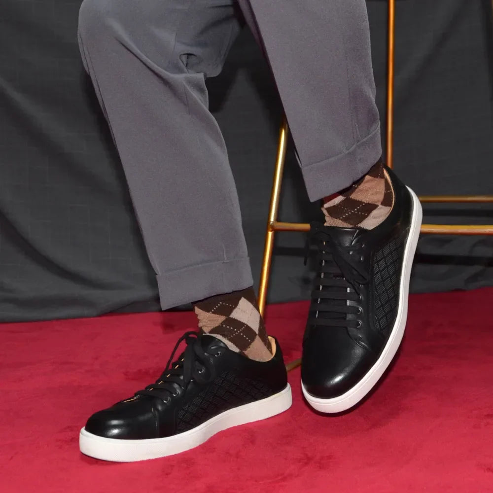 Luxury Designer Men's Genuine Leather Skateboard Sneakers | Classic Black, White & Brown Lace-Up Casual Oxfords